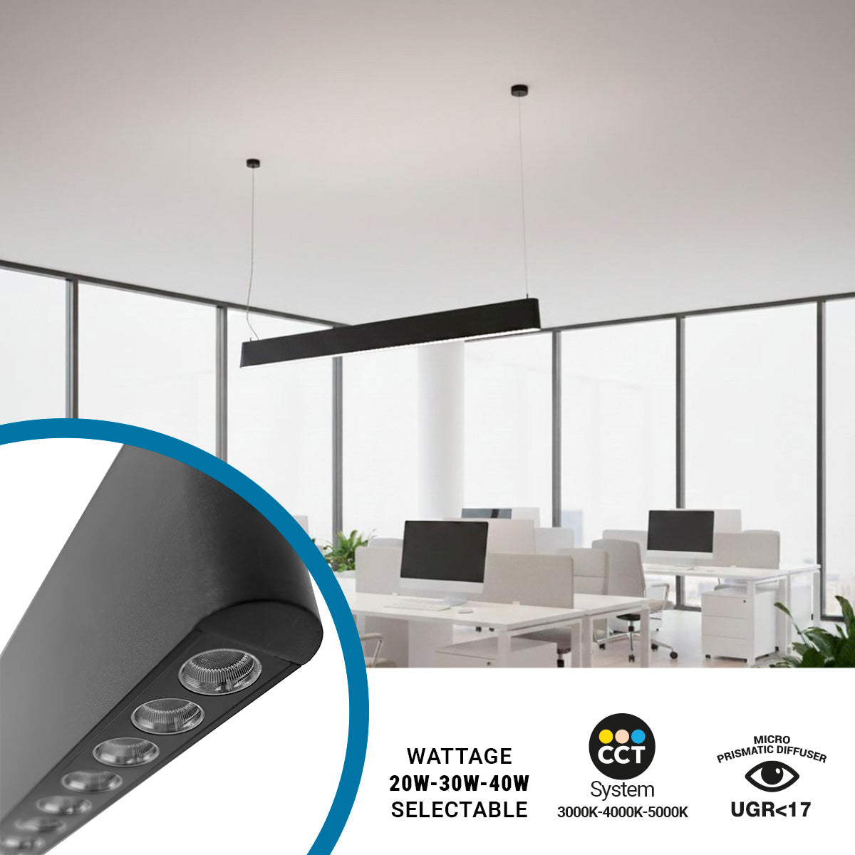 Luminaria lineal LED CCT - Bidireccional - Suspensión - Potencia ajustable 20W/30W/40W - 120cm - UGR 17