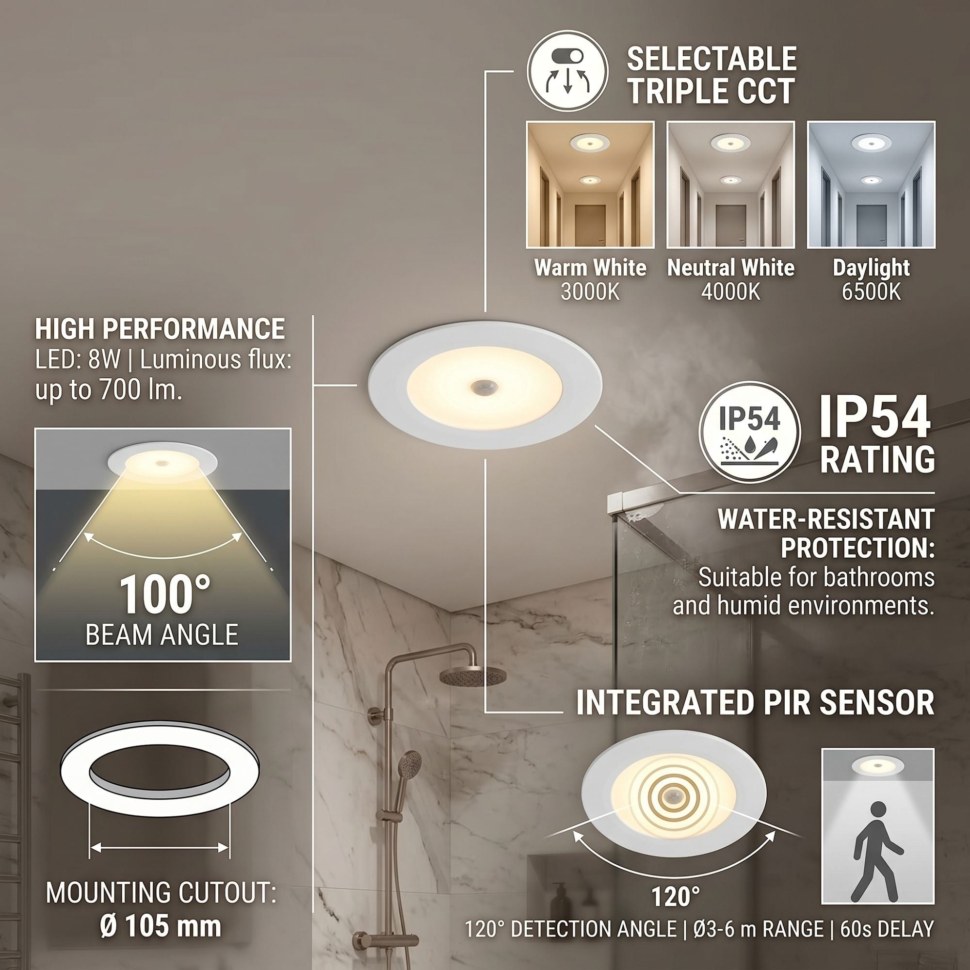 Downlight LED con sensor PIR "CLIO" - 8W - CCT - 700lm - Corte Ø85mm - IP54