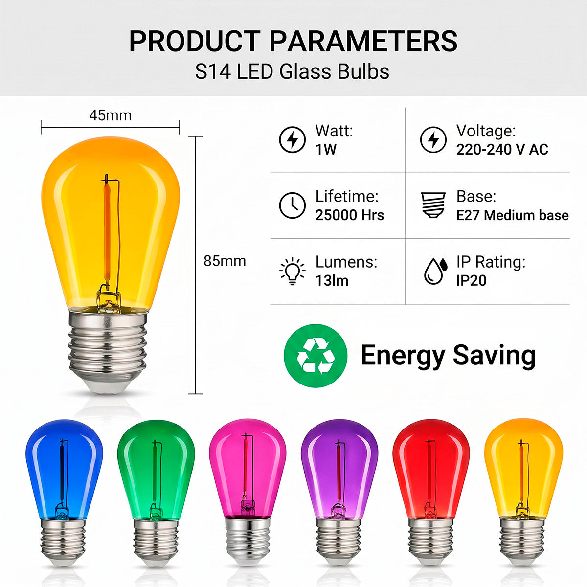 Bombilla LED Filamento - S14 E27 - 1W - Cristal de colores