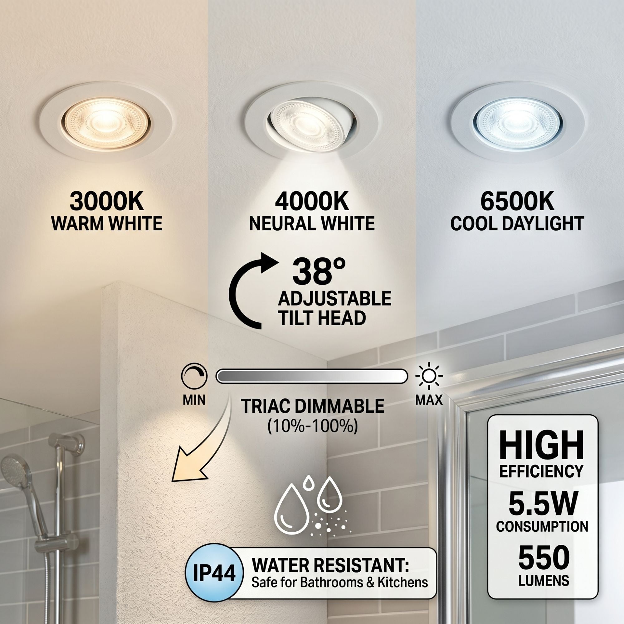 Downlight LED "Avalor" basculante - TRIAC dimmable - 5.5W - CCT - Corte Ø 70mm - IP44