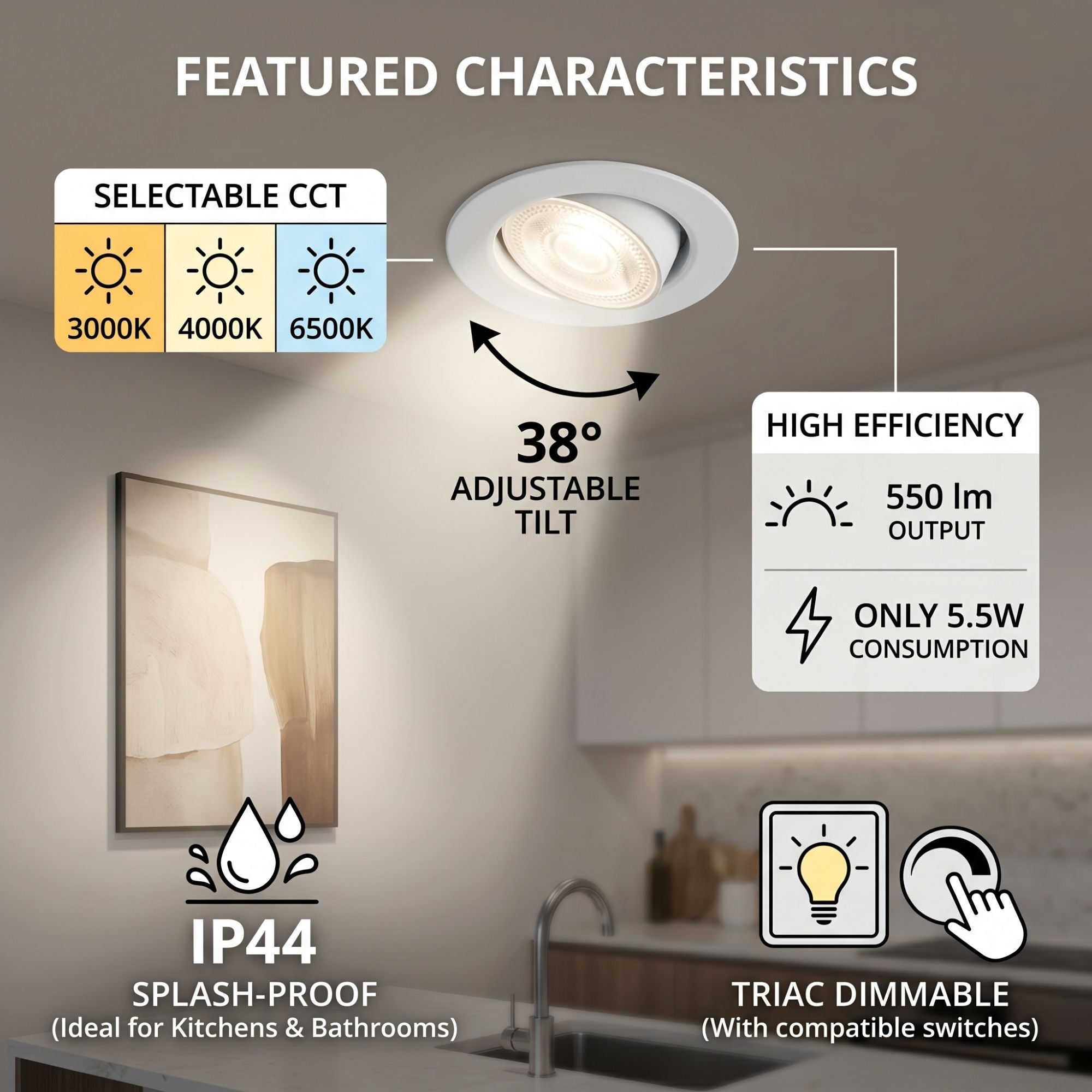 Downlight LED "Avalor" basculante - TRIAC dimmable - 5.5W - CCT - Corte Ø 70mm - IP44