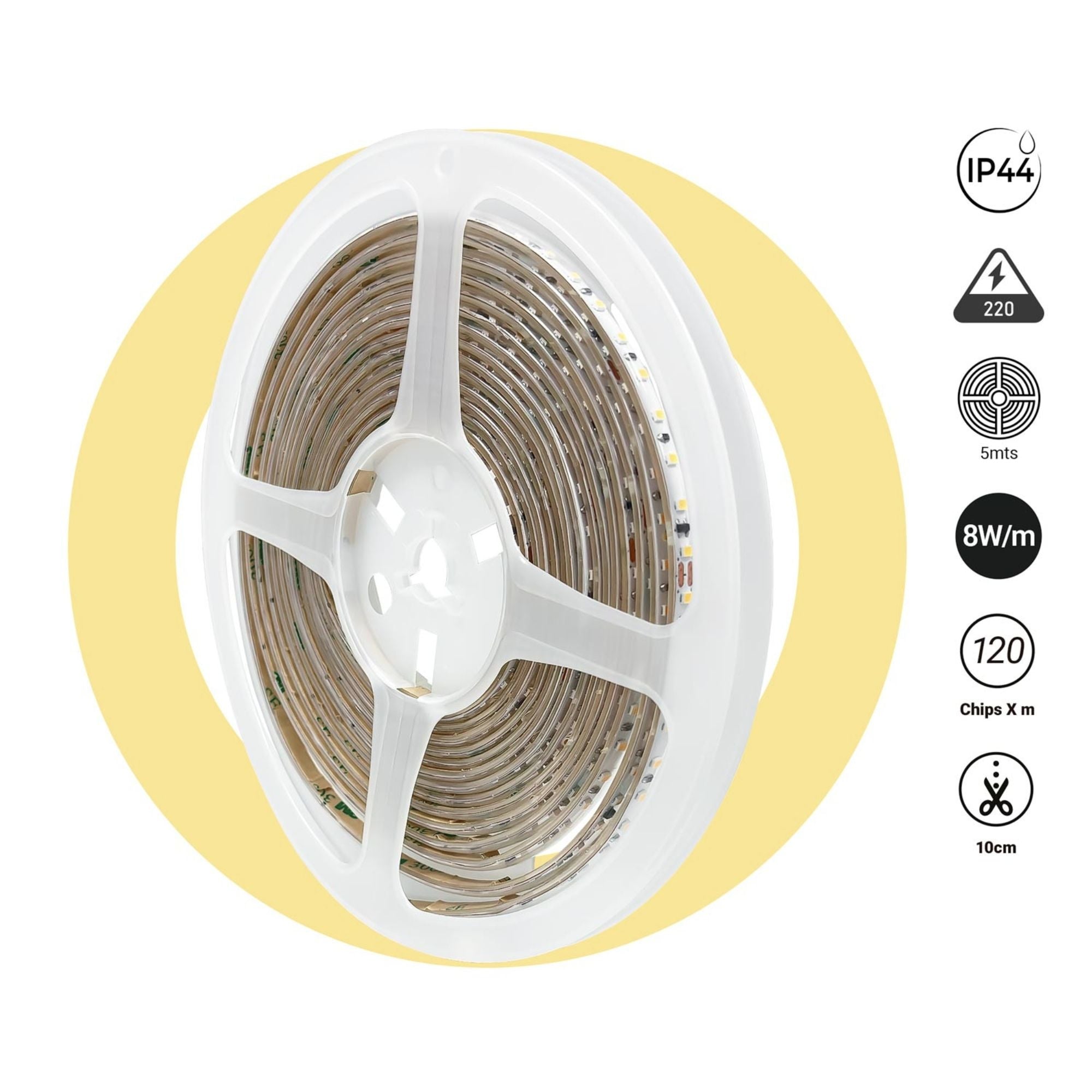 Tira LED 220V AC - Monocolor - 8W/m - 6.5mm - IP44 - 5 metros - 120ch/m