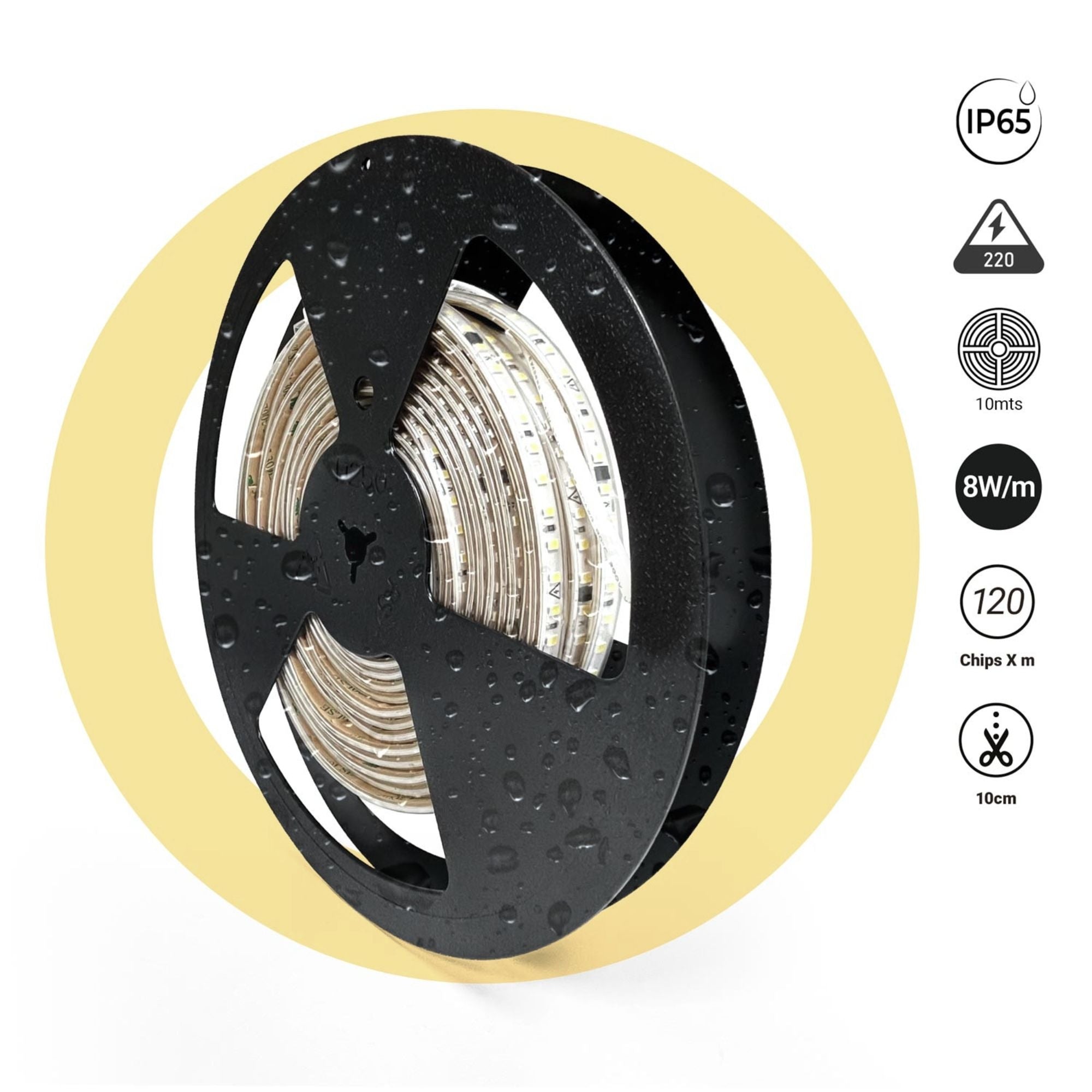Tira LED 220V AC - Monocolor - 8W/m - 10mm - IP65 - 10 metros - 120ch/m