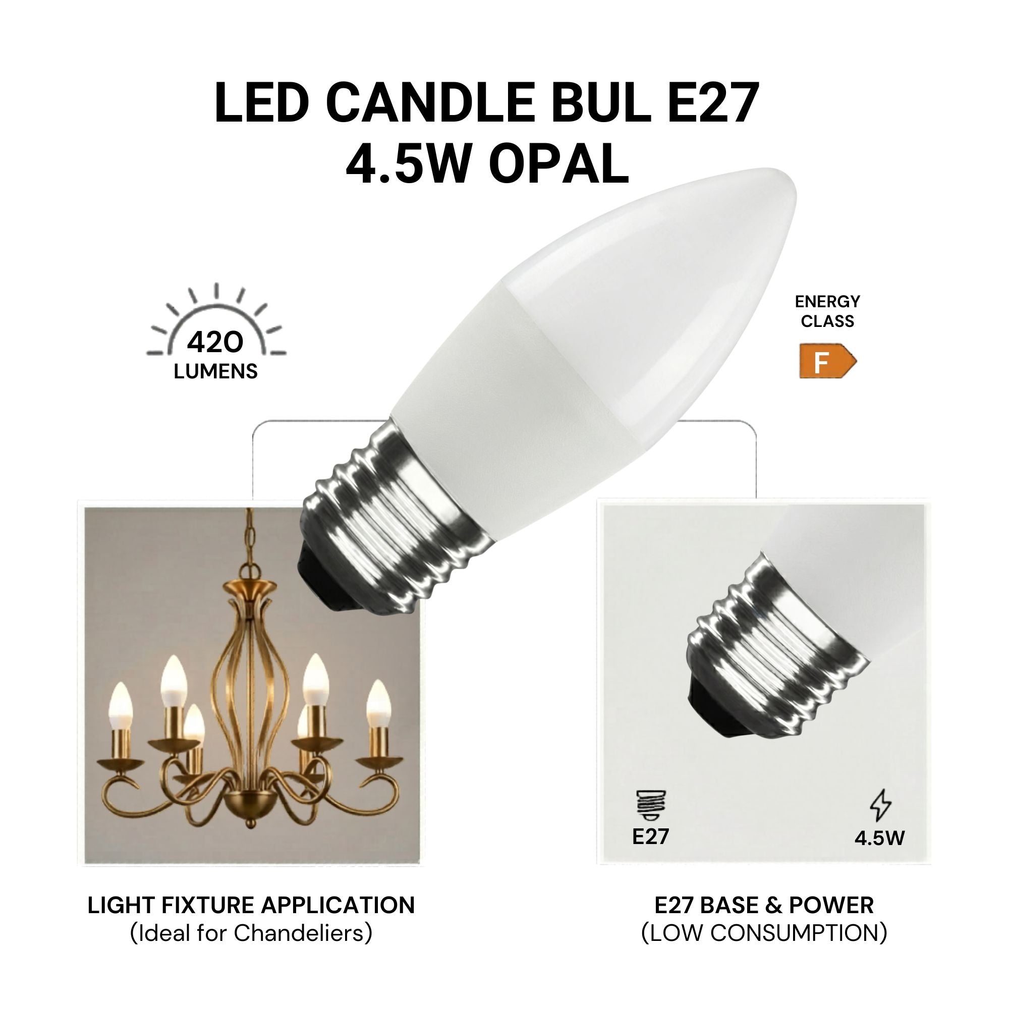 Bombilla vela LED E27 C37 4.5W — Opal | Disponible en luz cálida, neutra y fría