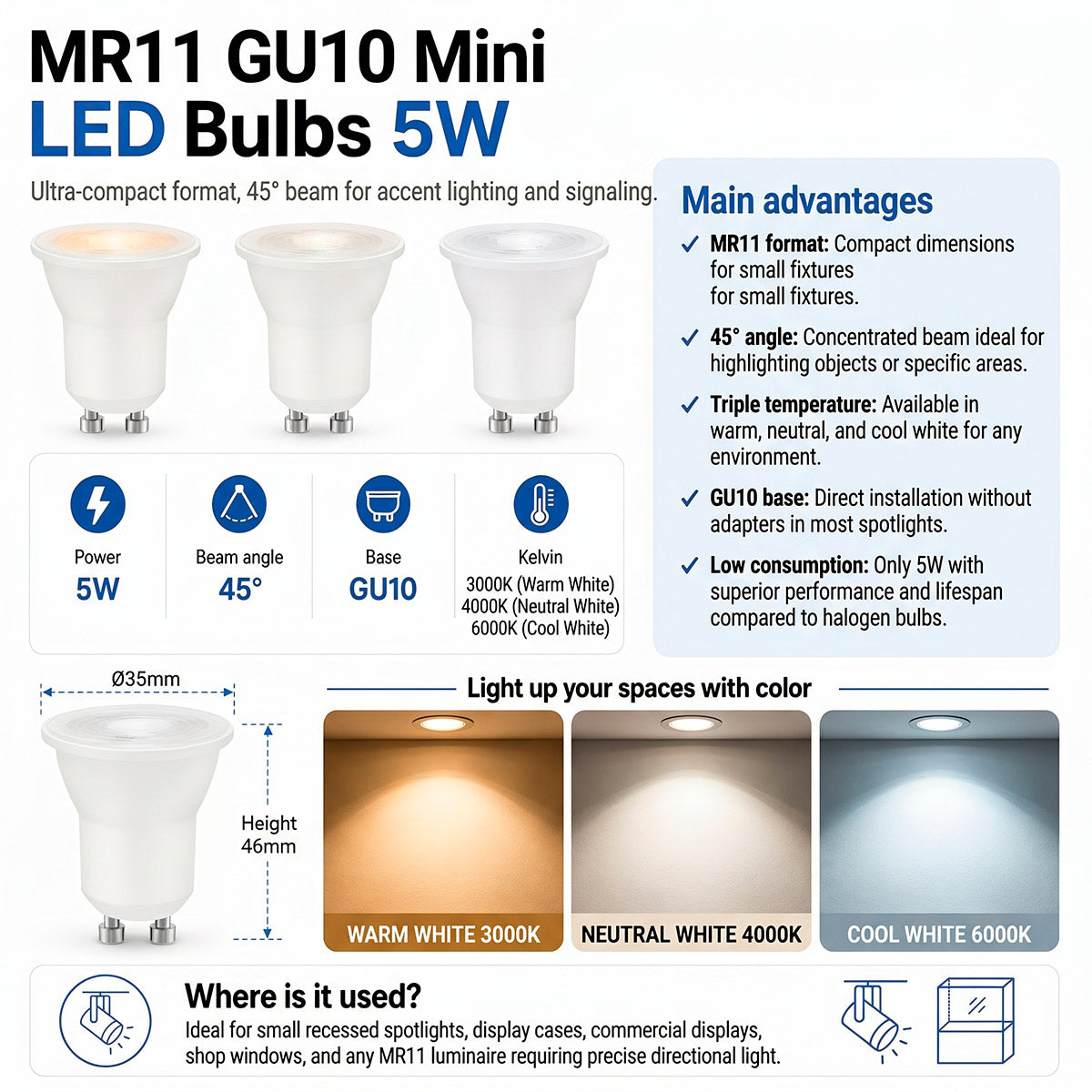 Mini Bombilla LED - MR11 GU10 - 5W - 45º