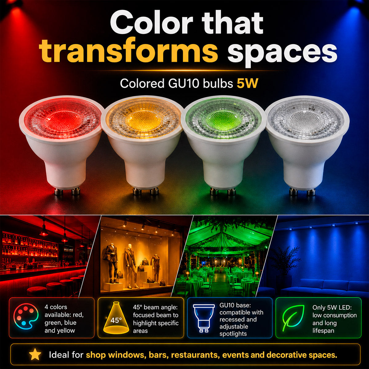 Bombilla LED de colores - GU10 - 5W - 45º