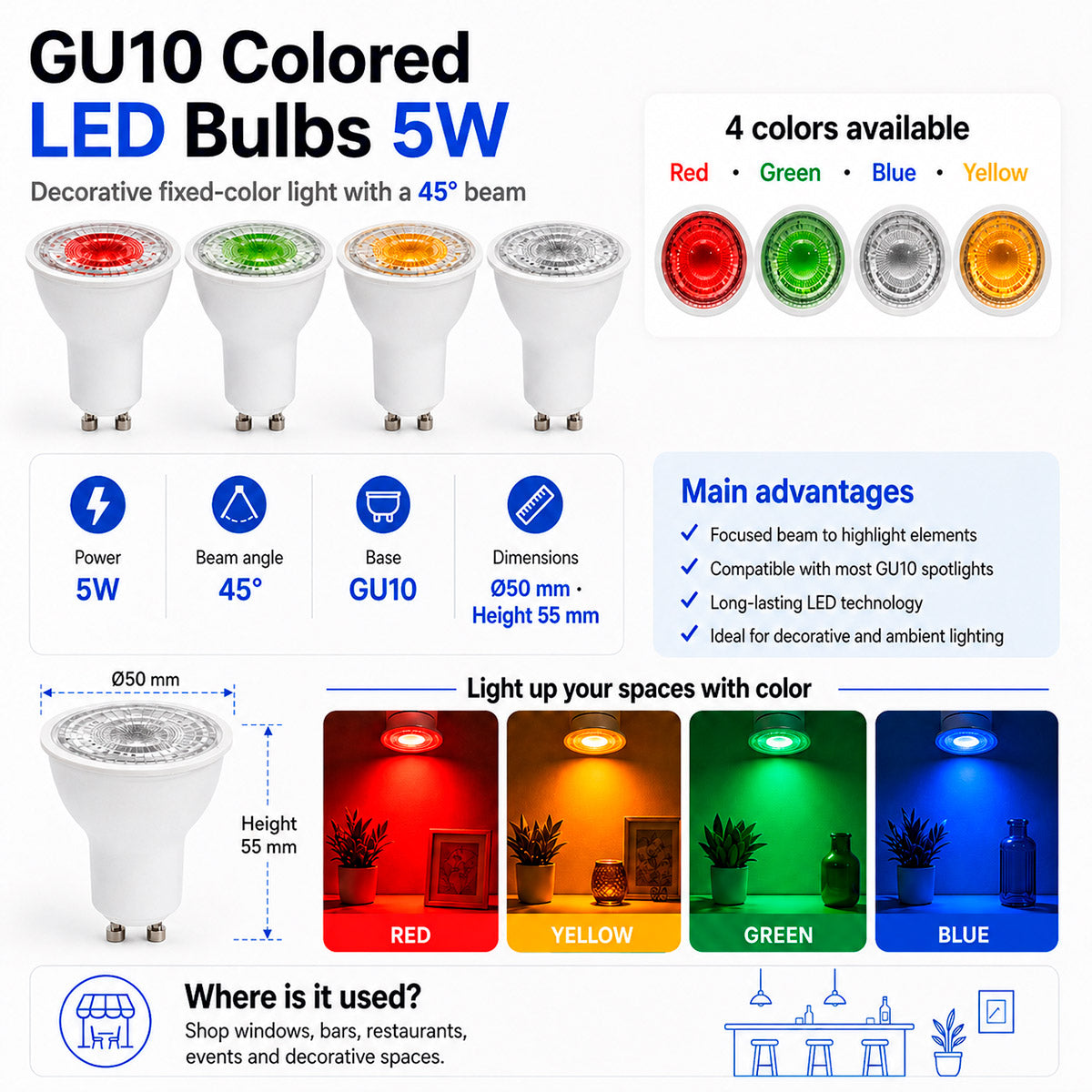Bombilla LED de colores - GU10 - 5W - 45º