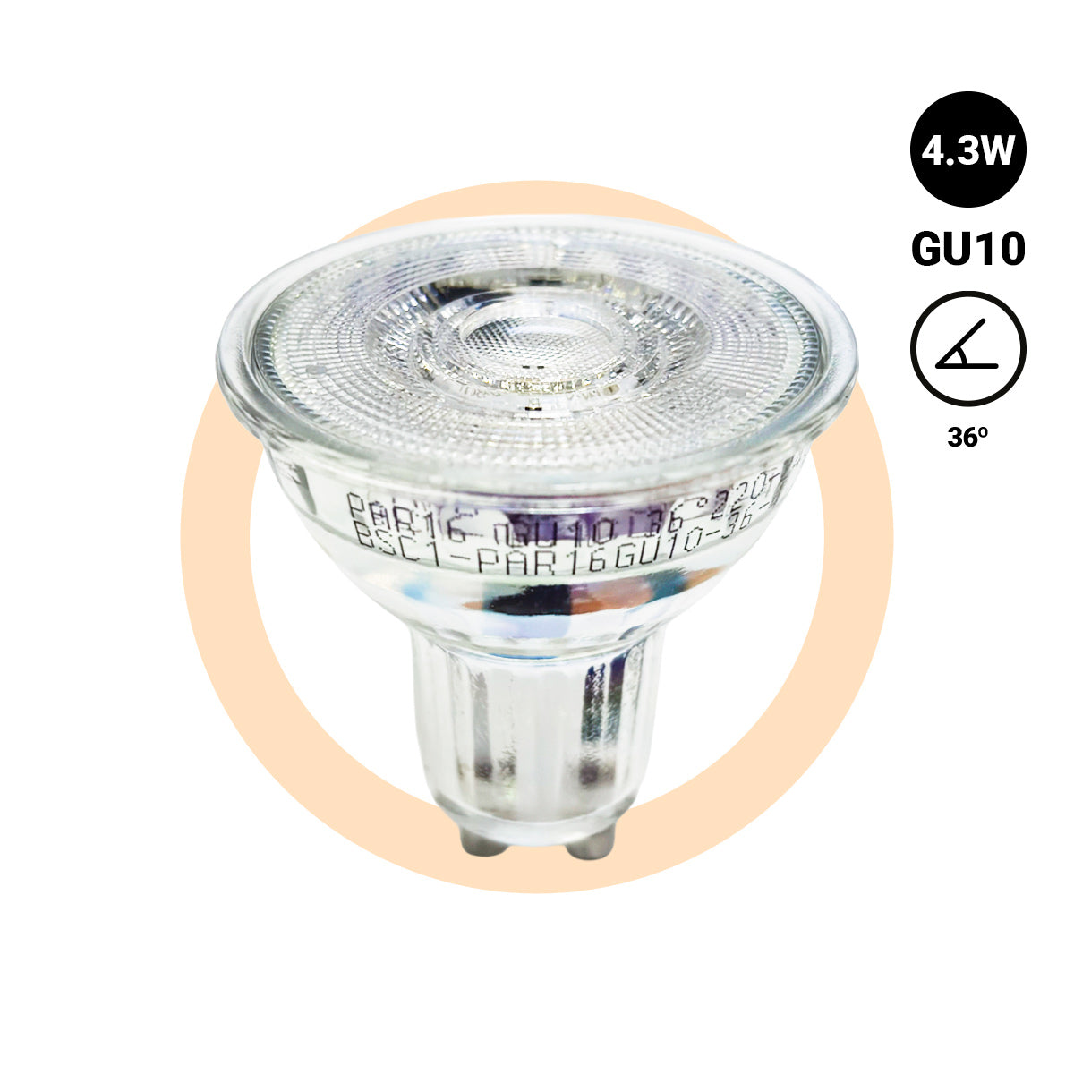 Bombilla LED GU10 4.3W cristal - 130lm/W - PAR16 - 36°