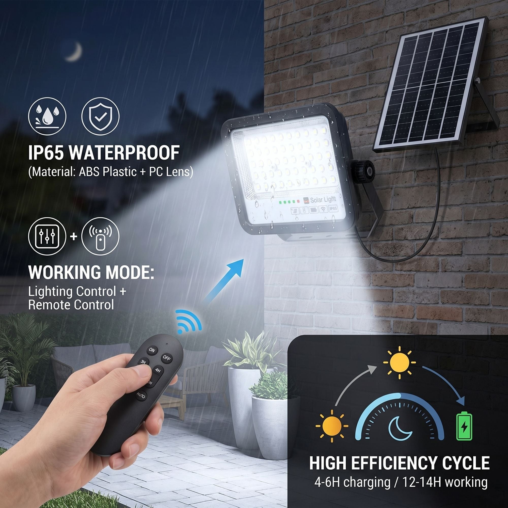 Proyector solar con panel y mando a distancia - 50W - 6500K - IP65