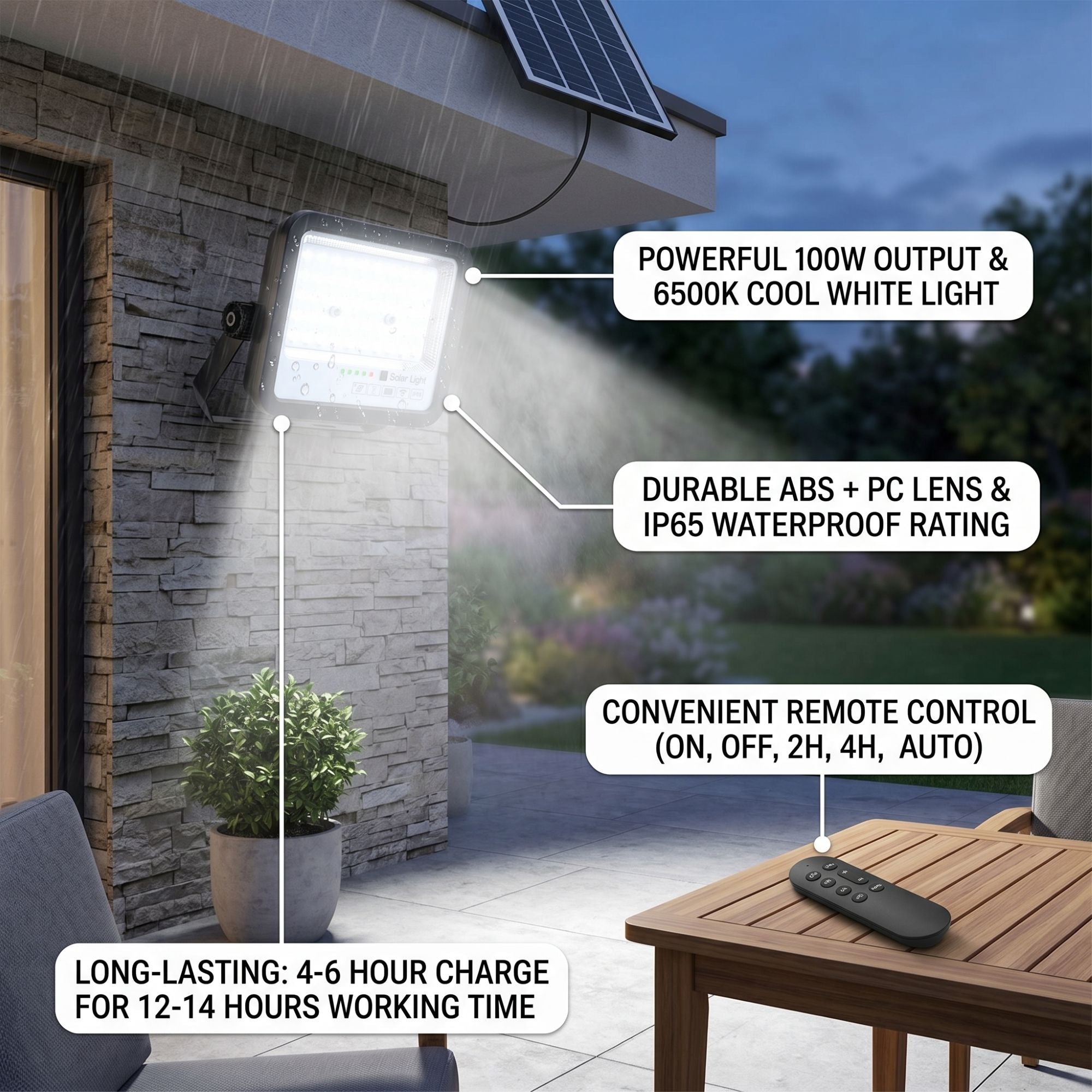 Proyector solar con panel y mando a distancia - 100W - Medium - 6500K - IP65