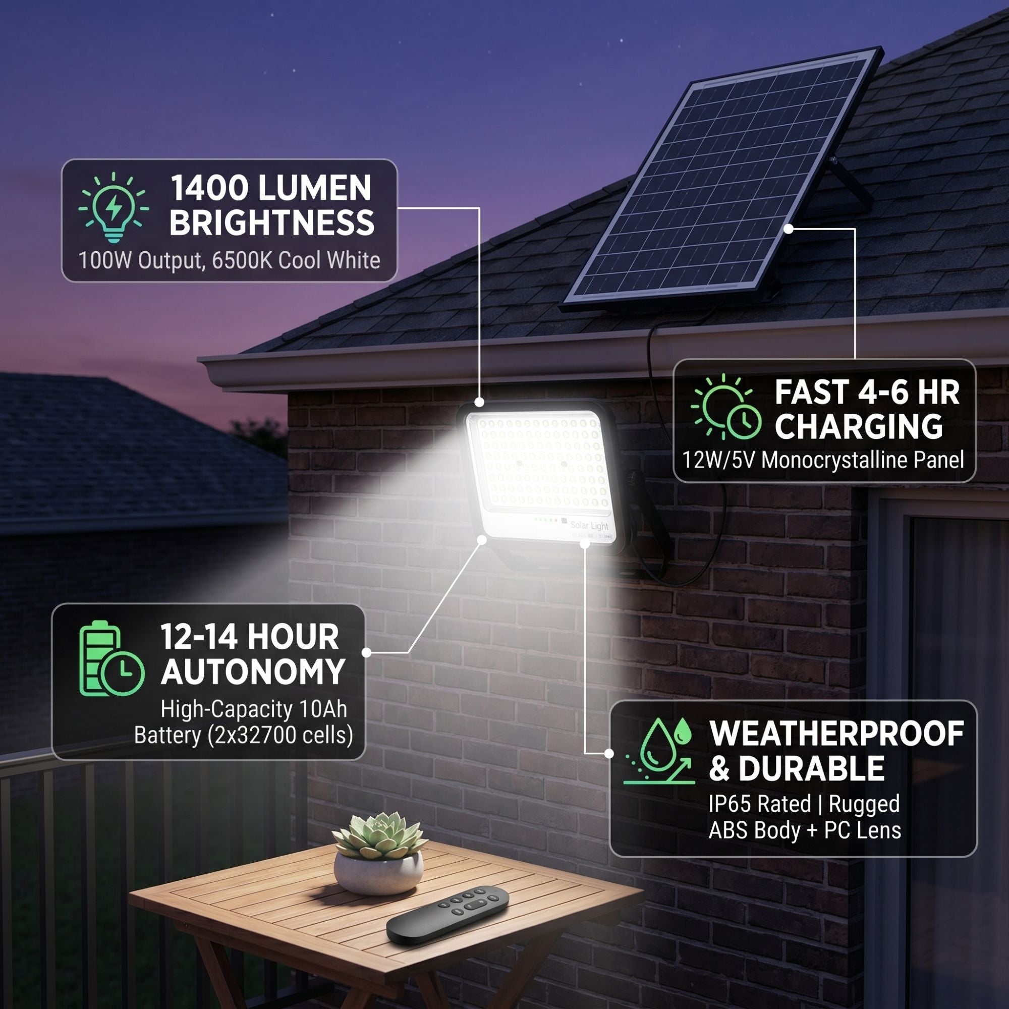 Proyector solar con panel y mando a distancia - 100W - Large - 6500K - IP65