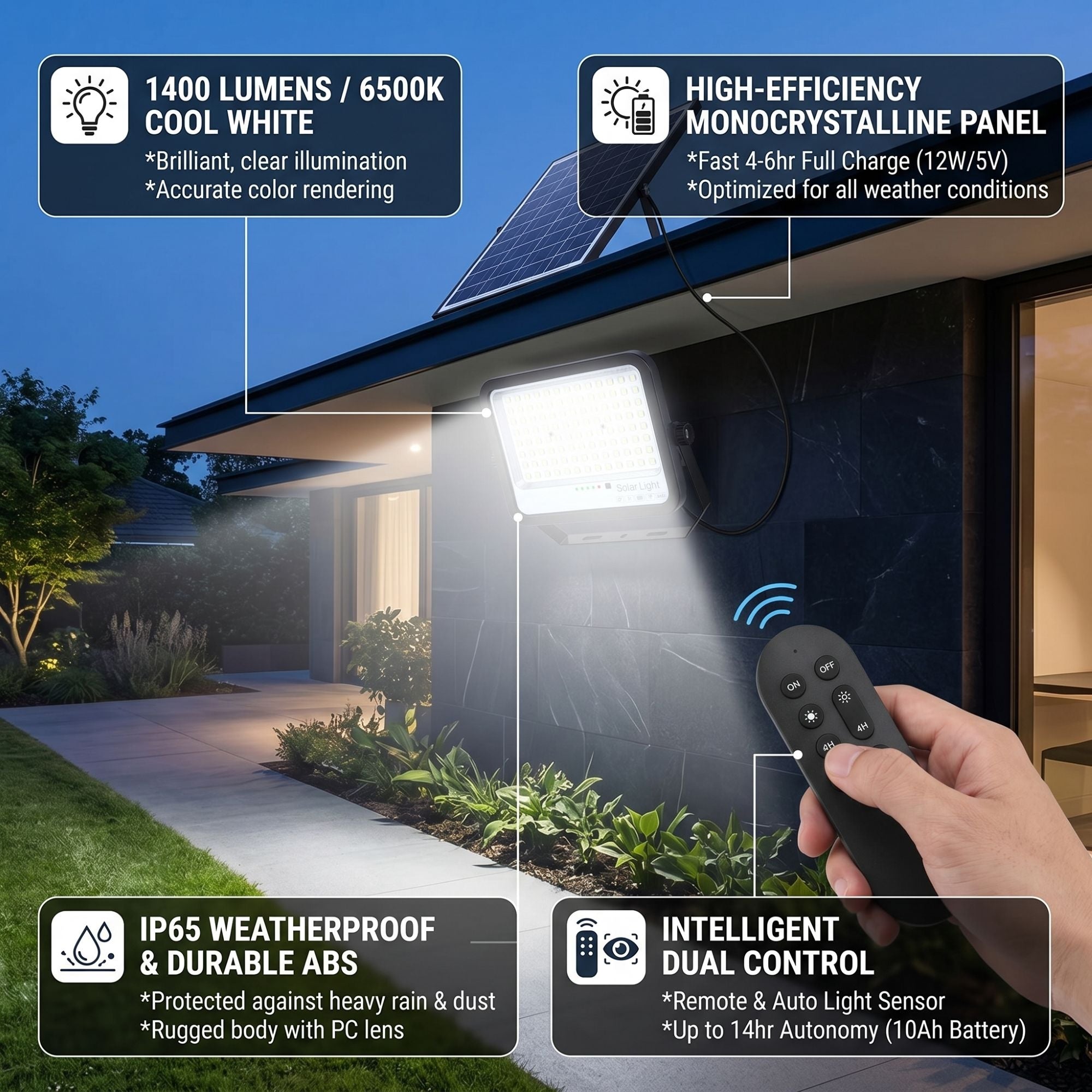 Proyector solar con panel y mando a distancia - 100W - Large - 6500K - IP65
