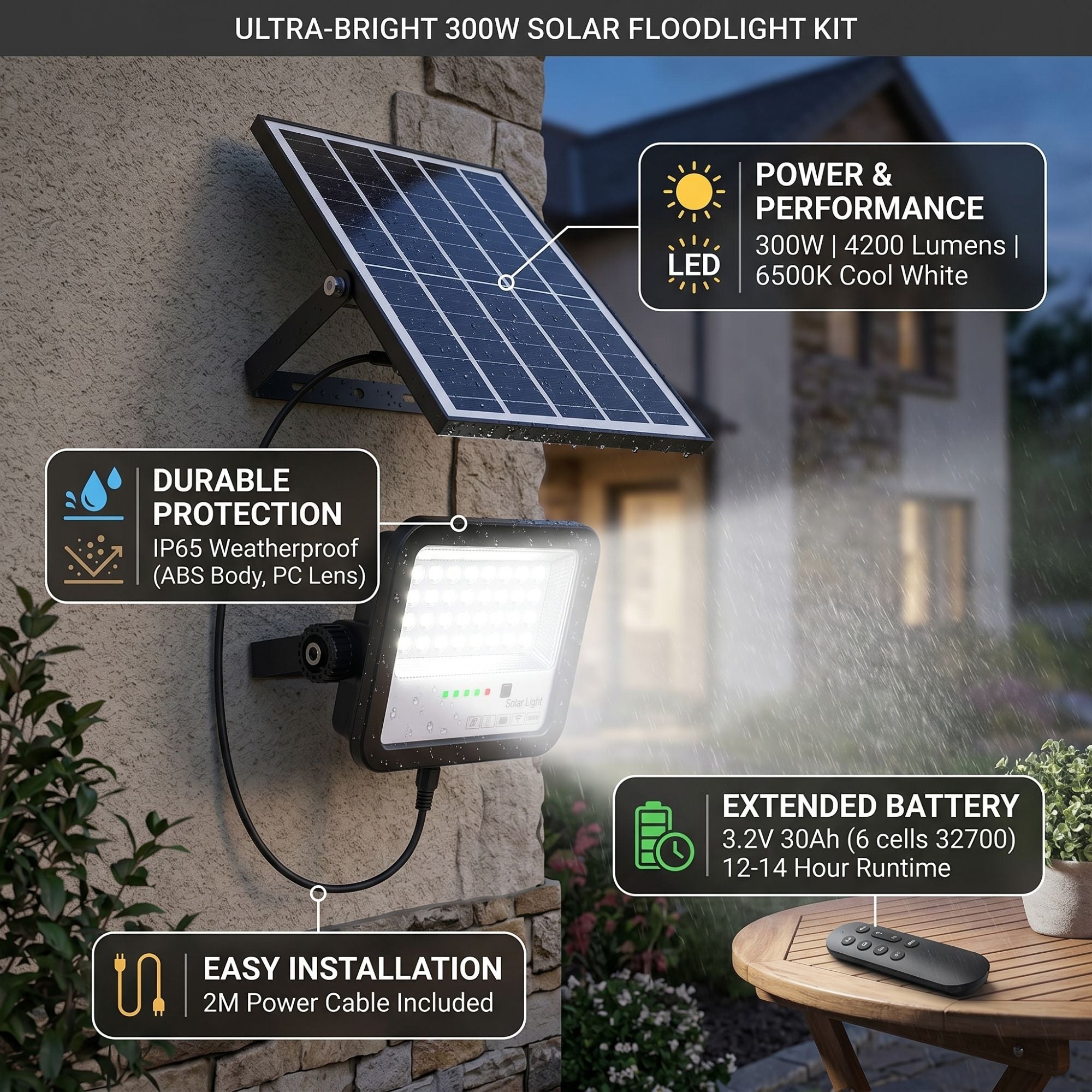 Proyector solar con panel y mando a distancia - 300W - 6500K - IP65