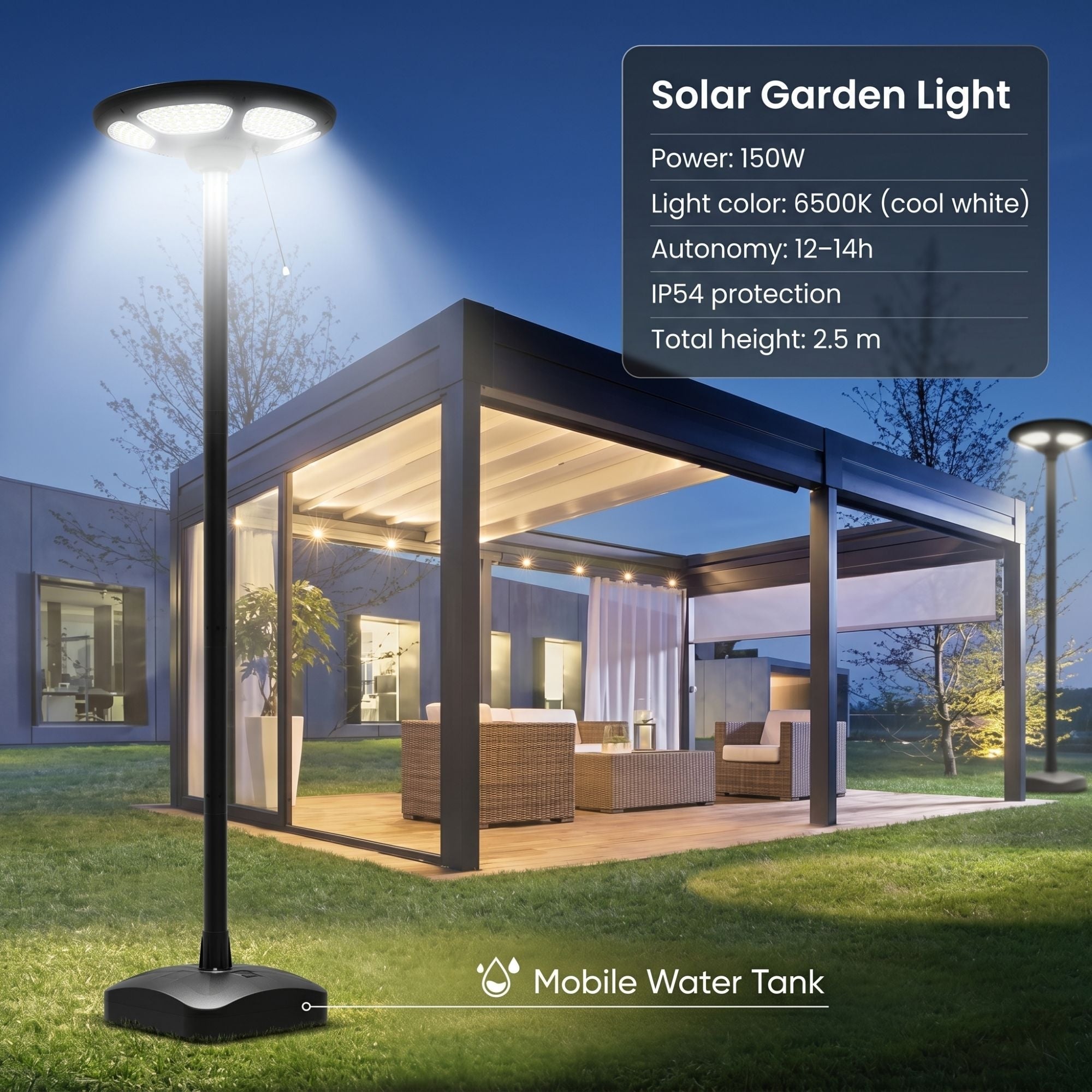 Farola Solar LED 150W con Base Rellenable de Agua o Arena | 6500K IP54 · Mando y Sensor PIR