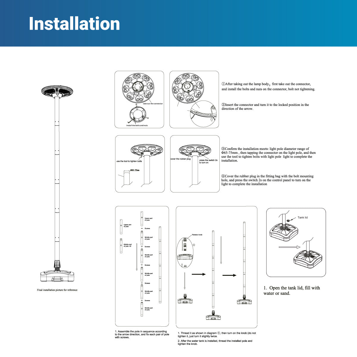 Farola Solar LED 150W con Base Rellenable de Agua o Arena | 6500K IP54 · Mando y Sensor PIR