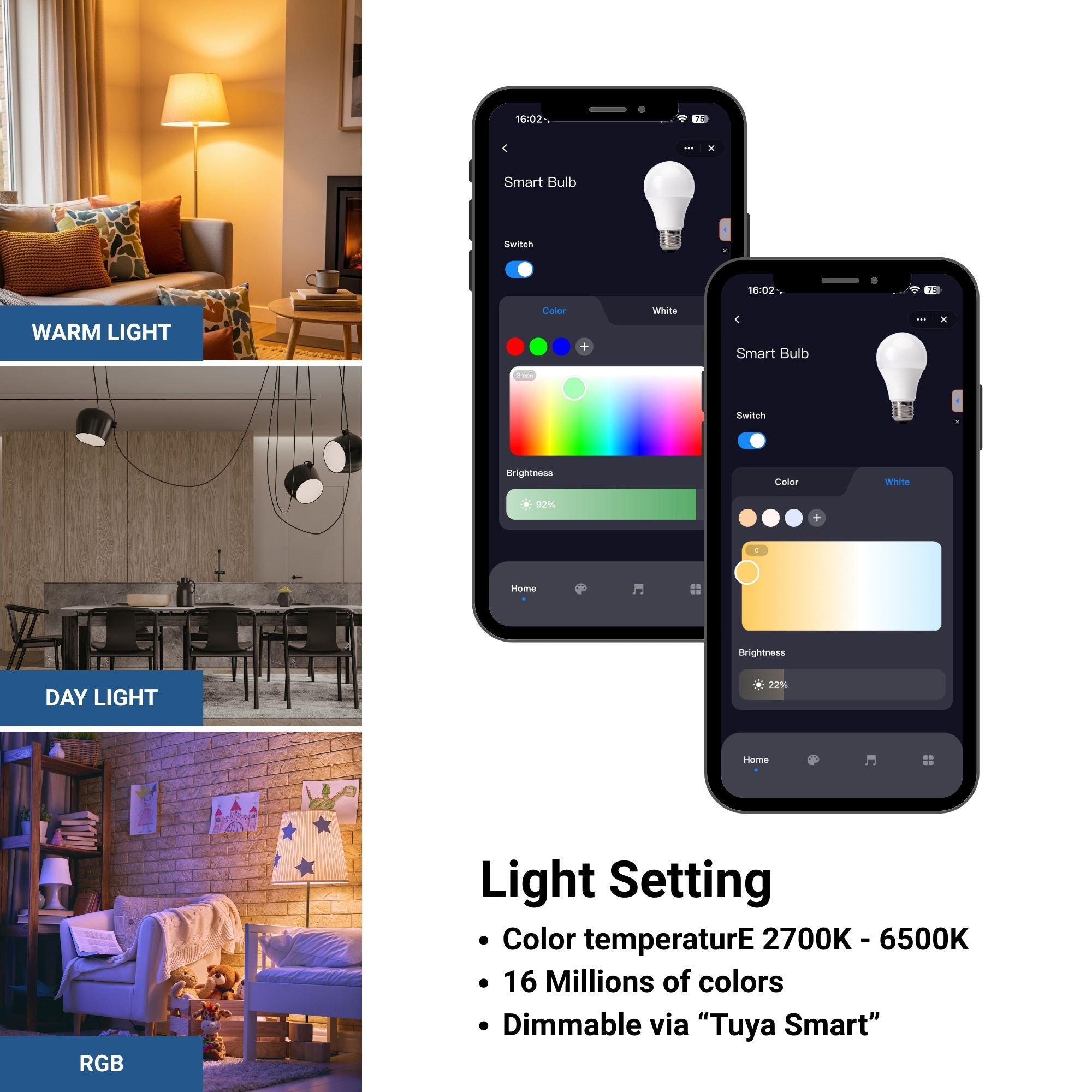 Bombilla LED Smart E27 - 15W - RGB + CCT - WiFi - TUYA App