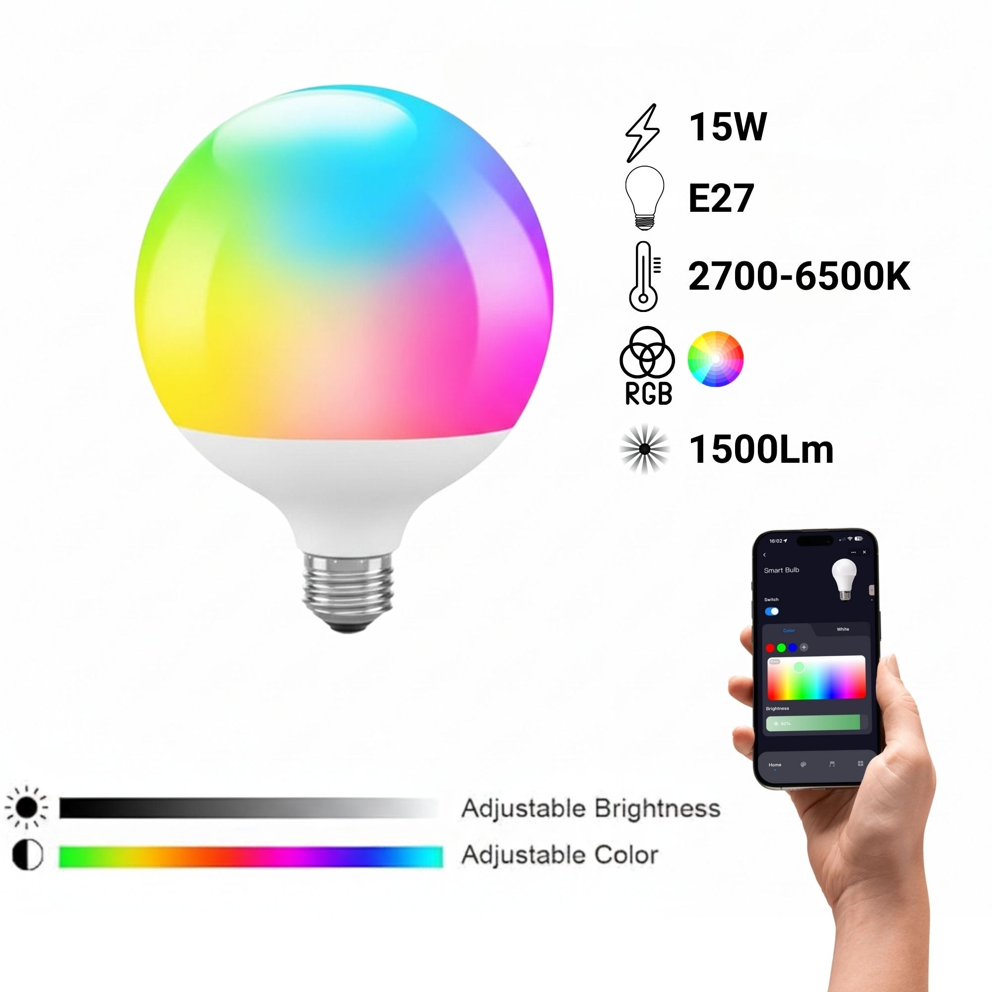 Bombilla LED Smart E27 - 15W - RGB + CCT - WiFi - TUYA App