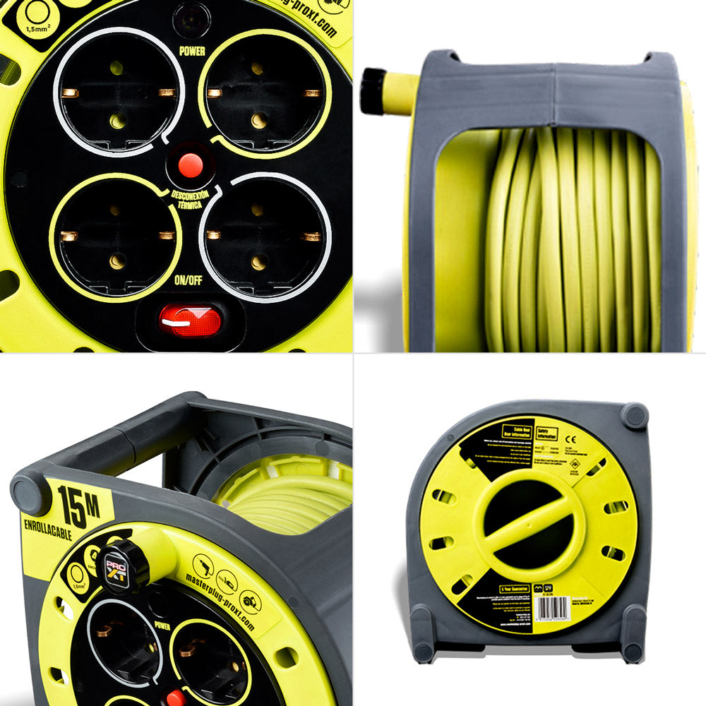 Enrollacables Cerrado Pro-XT - 4 tomas - Cable alta visibilidad 3x1,5mm2 - 15m - IP20