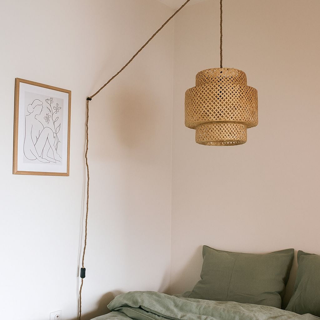 Lámpara colgante de mimbre "JENSEN" - Ø40cm - Con interruptor y enchufe - E27