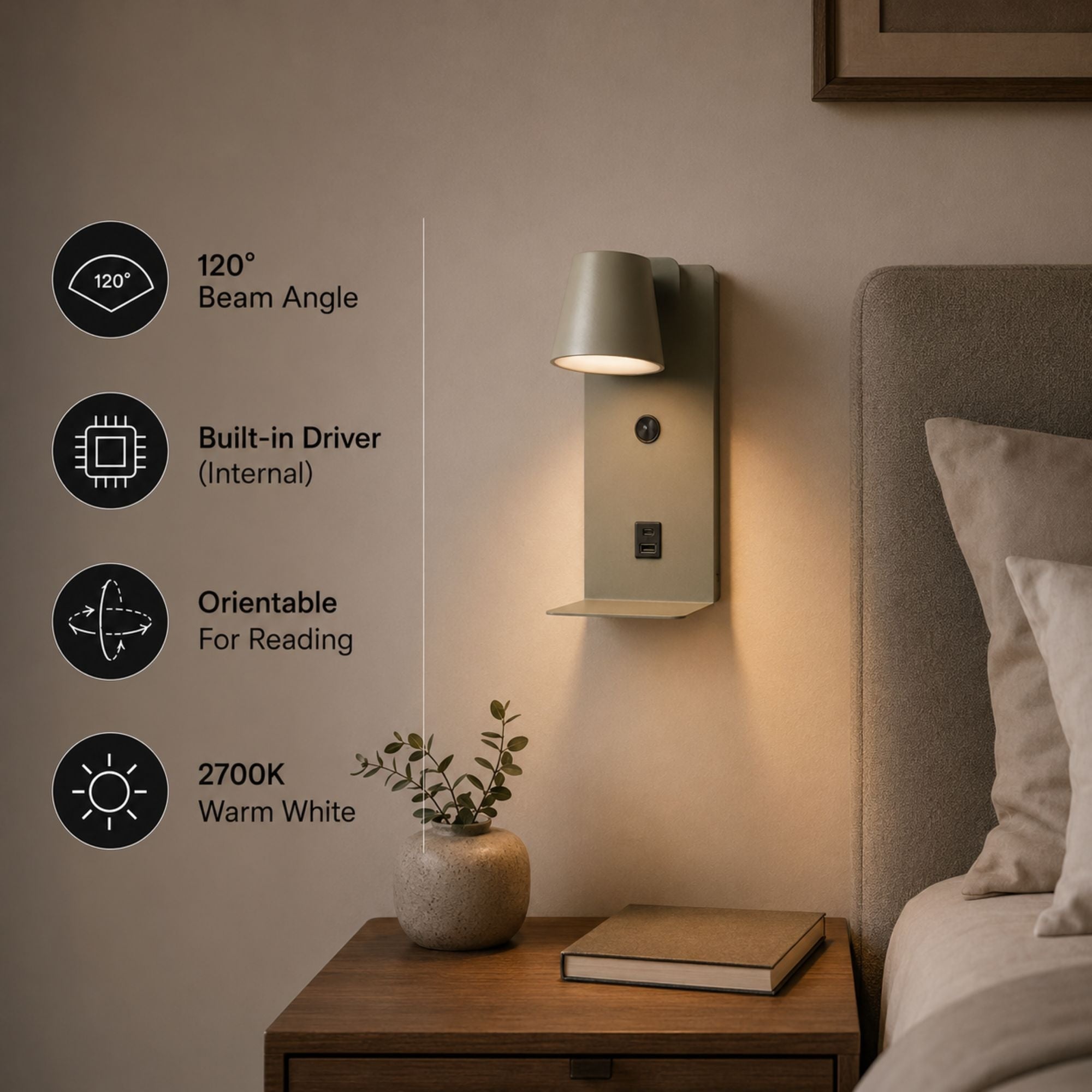 Aplique de pared para lectura "BASKOP" - Puerto USB + USB-C - 6W