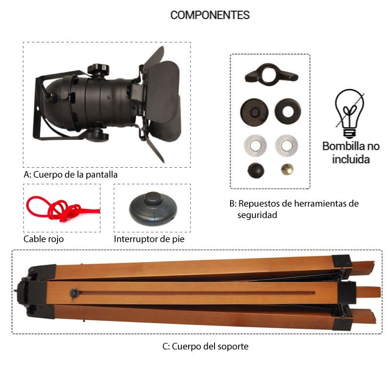 Lámpara de pie vintage con trípode "CINEMA" 139cm
