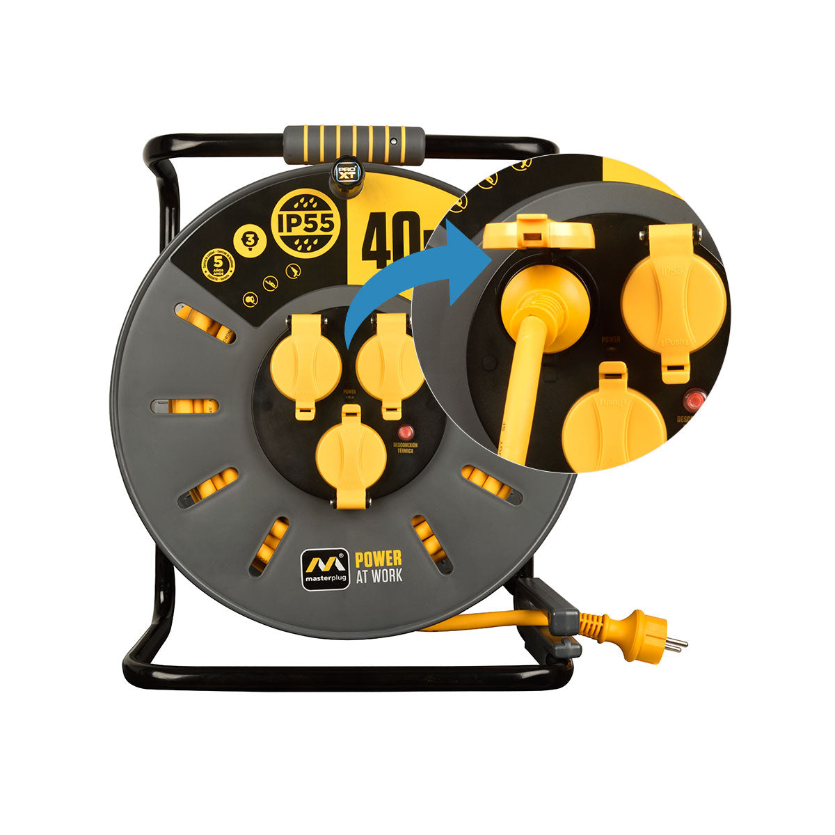 Enrollacables Pro-XT - 3 tomas - Cable alta visibilidad 3x2,5mm2 - 40m - IP55