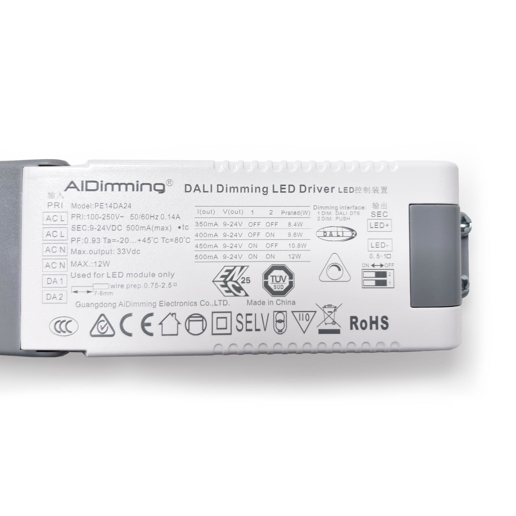 Driver LED DALI 9-24V regulable - Corriente ajustable 350/400/450/500mA