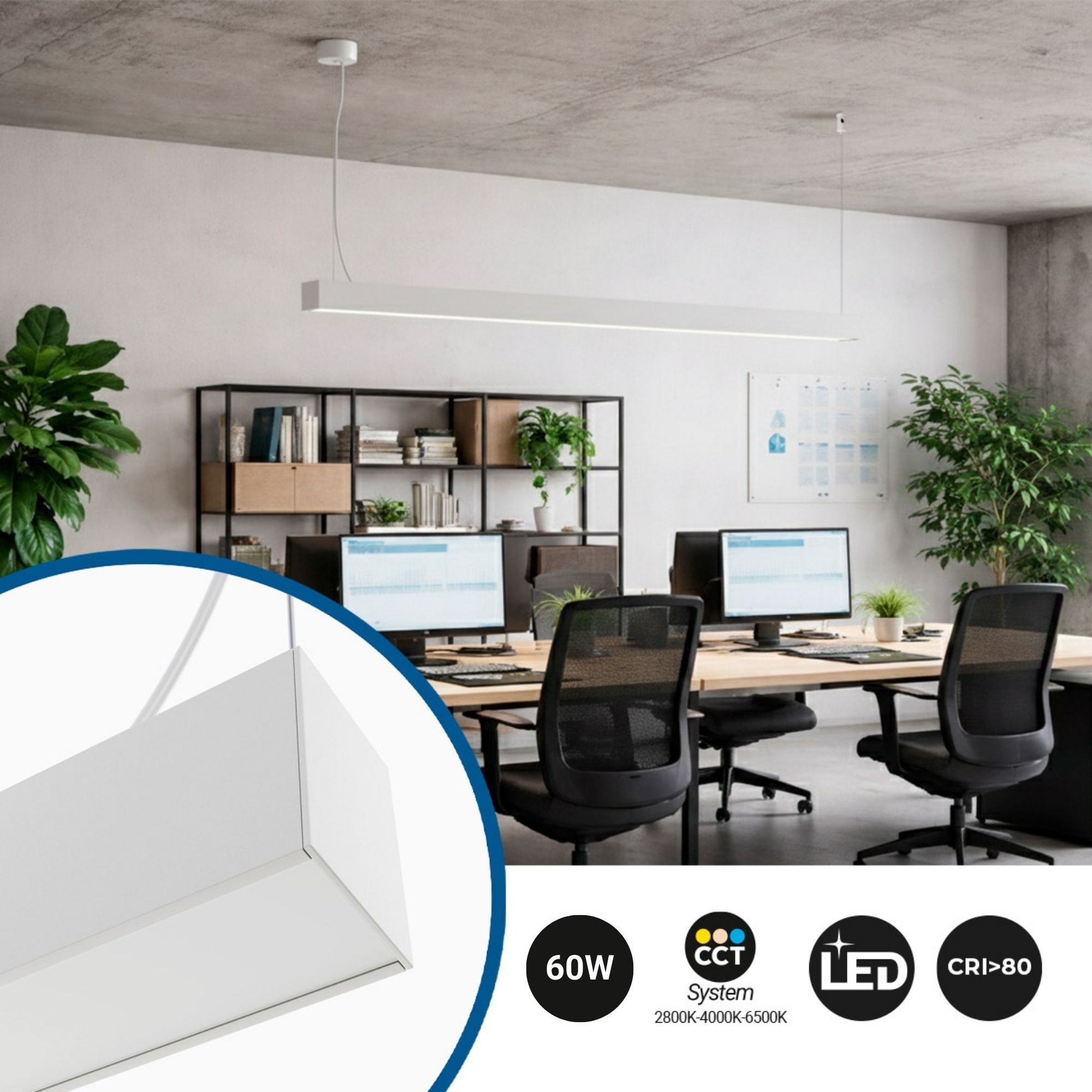 Lámpara lineal LED DOB CCT - 60W - 180cm - 120lm/W - PVC - Suspensión