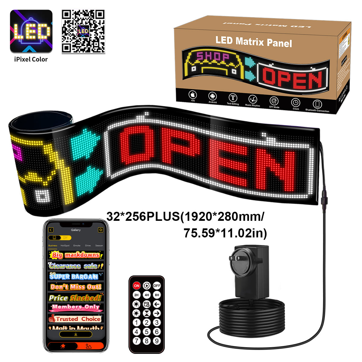 Display LED flexible programable - 192 x 28 cm - USB + Bluetooth + mando a distancia