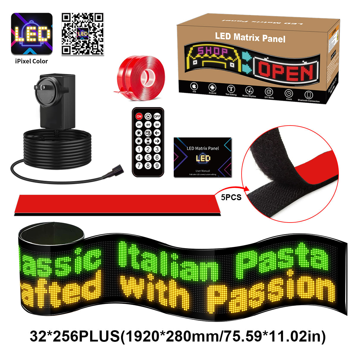 Display LED flexible programable - 192 x 28 cm - USB + Bluetooth + mando a distancia
