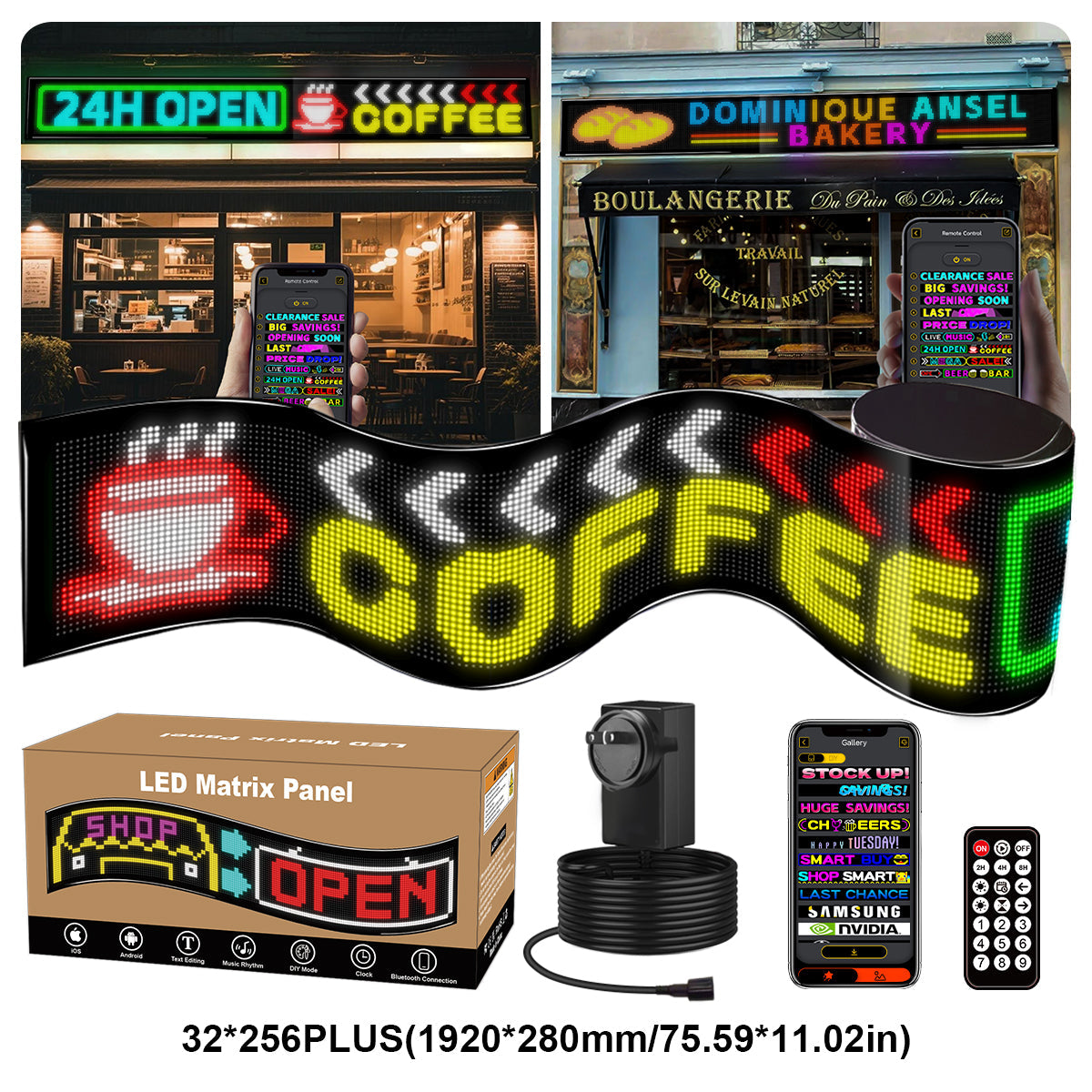 Display LED flexible programable - 192 x 28 cm - USB + Bluetooth + mando a distancia