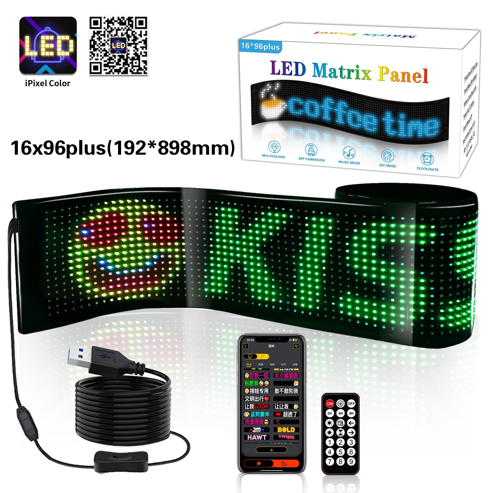 Display LED flexible programable - 89 x 19 cm - USB + Bluetooth + mando a distancia
