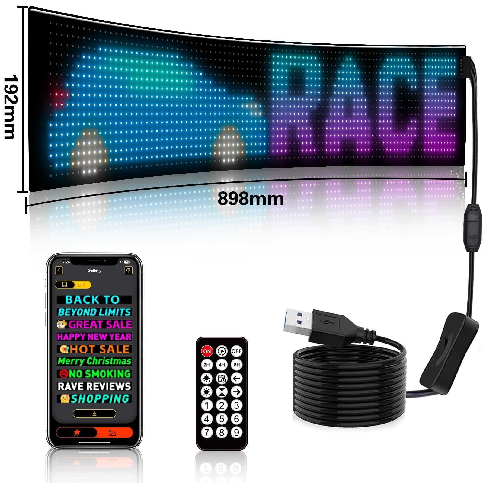 Display LED flexible programable - 89 x 19 cm - USB + Bluetooth + mando a distancia
