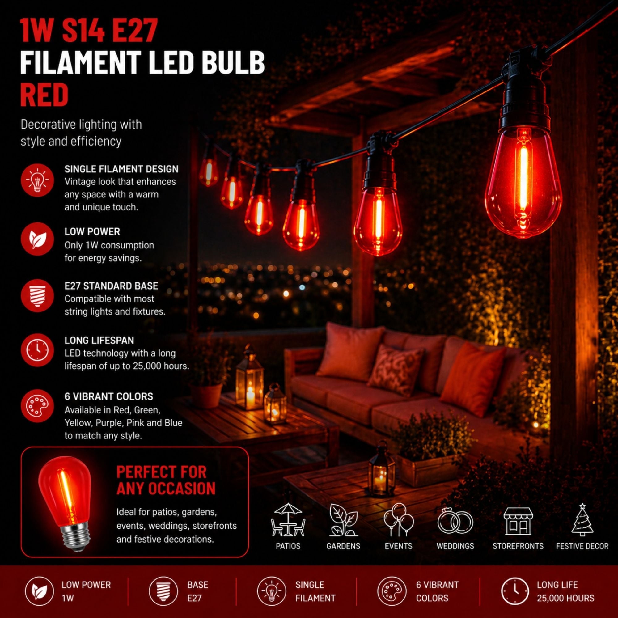 Bombilla LED Filamento - S14 E27 - 1W - Cristal de colores
