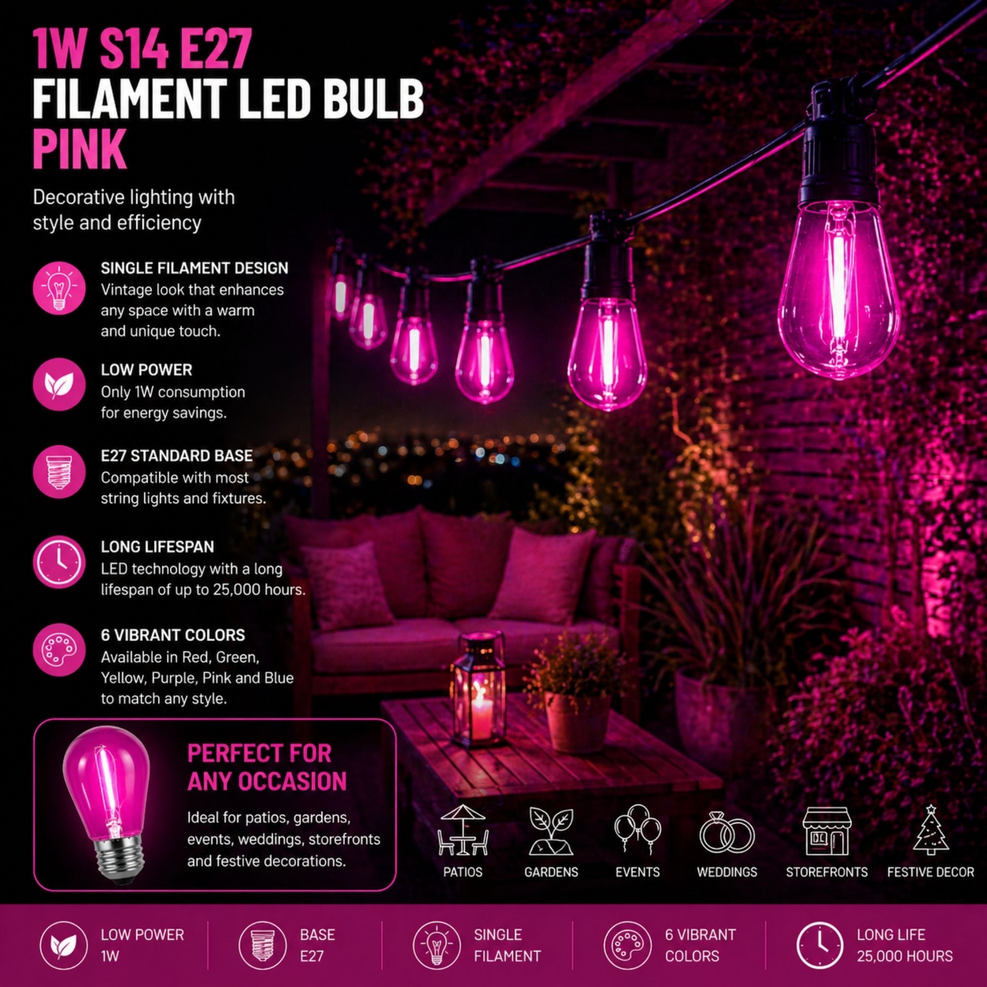 Bombilla LED Filamento - S14 E27 - 1W - Cristal de colores