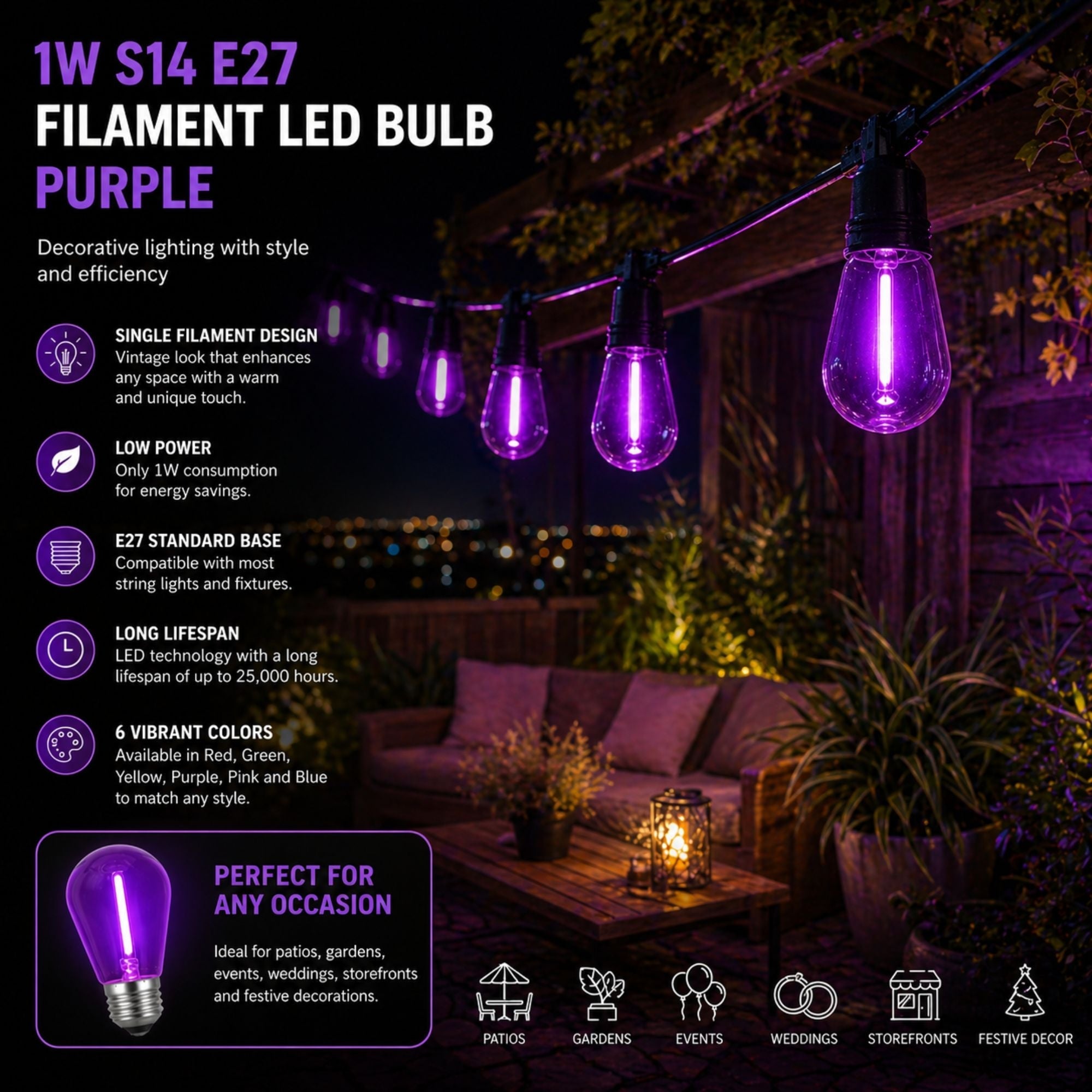 Bombilla LED Filamento - S14 E27 - 1W - Cristal de colores