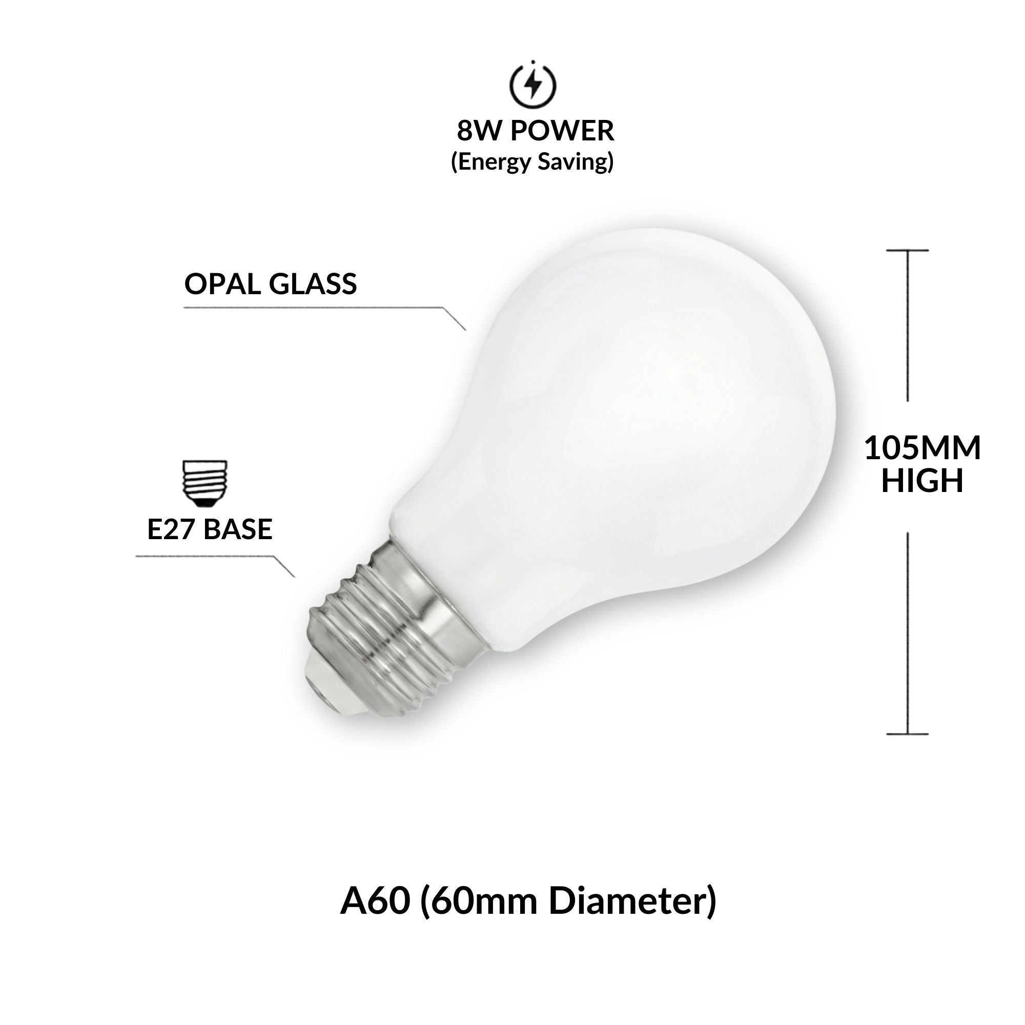 Bombilla LED A60 E27 Opal Milky 8W — Luz Cálida 3000K, 950 lm, 360° | 25.000 h de Vida Útil