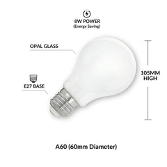 Bombilla LED A60 E27 Opal Milky 8W — Luz Cálida 3000K, 950 lm, 360° | 25.000 h de Vida Útil
