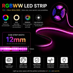 Tira LED COB 24V DC - RGBWW - 19W/m - 12mm - IP20 - Rollo de 5 metros - Corte 33mm