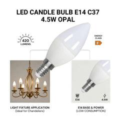 Bombilla vela LED E14 C37 4.5W — Opal | Disponible en luz cálida, neutra y fría