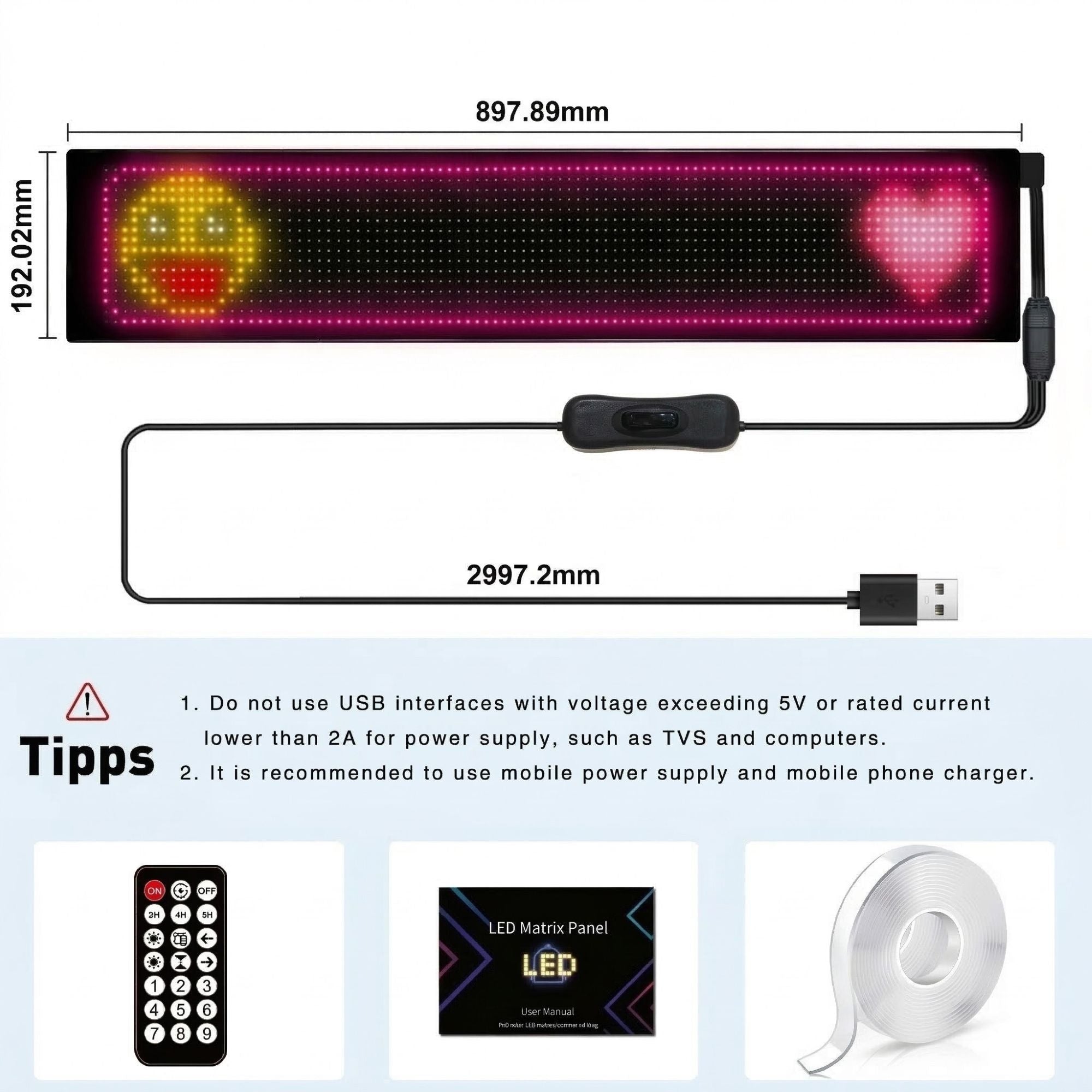 Display LED flexible programable - 89 x 19 cm - USB + Bluetooth + mando a distancia
