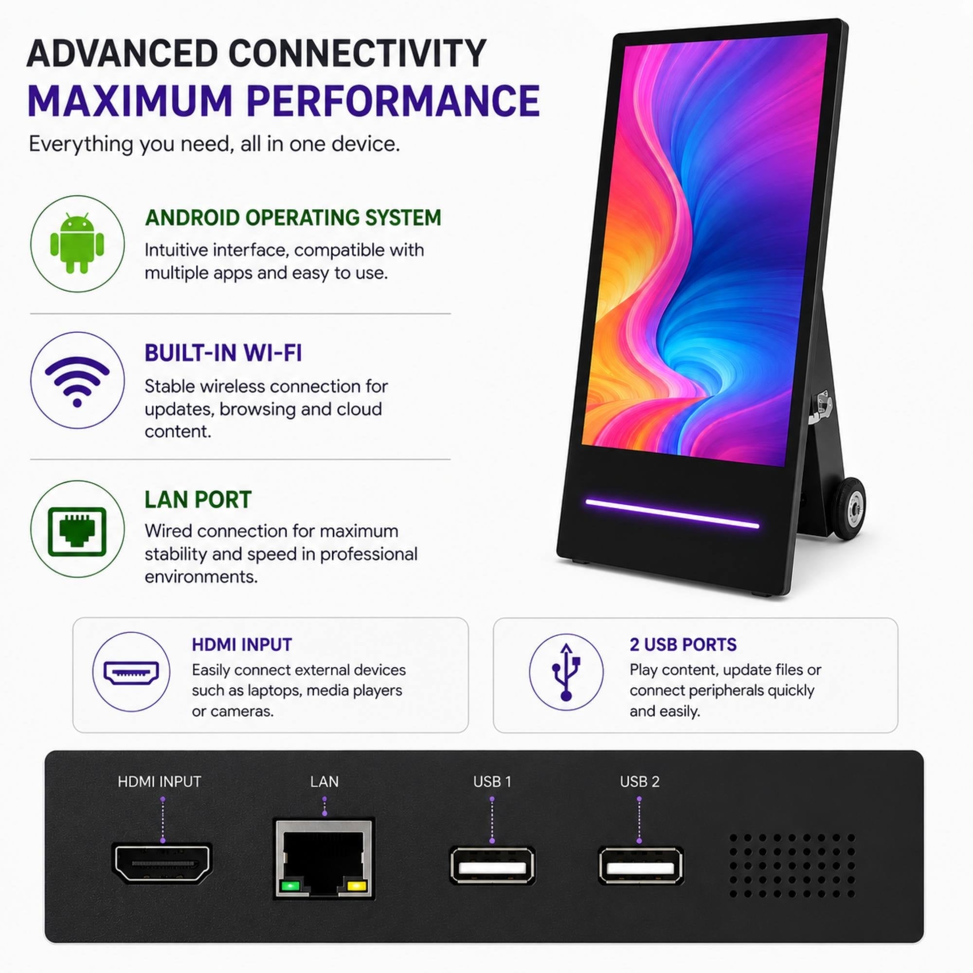 Display publicitario portátil 43'' para interior con ruedas y batería - LCD Full HD