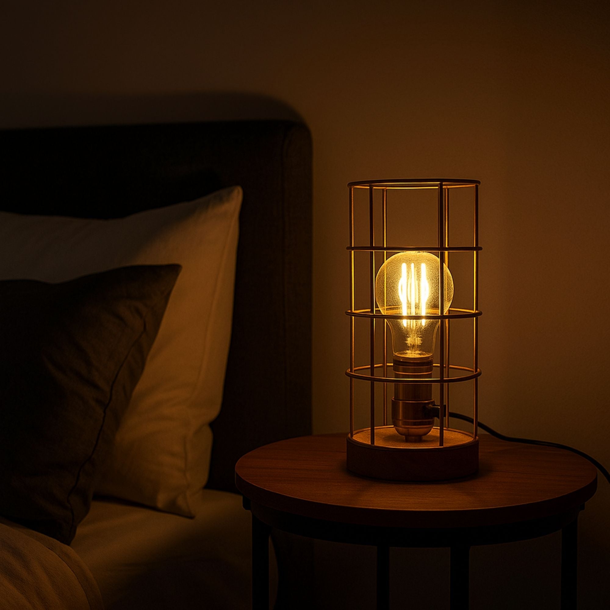 Lámpara vintage de mesa de estilo industrial madera y rejilla "GREGOR"