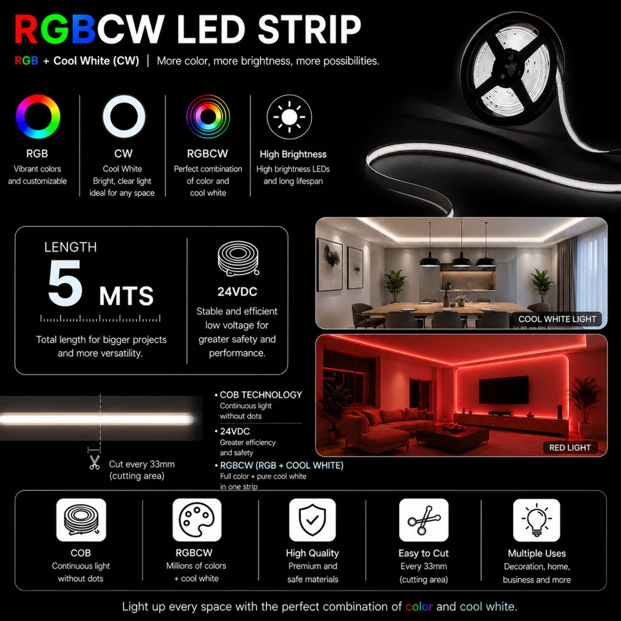 Tira LED COB 24V DC - RGBCW - 19W/m - 12mm - IP20 - Rollo de 5 metros - Corte 33mm